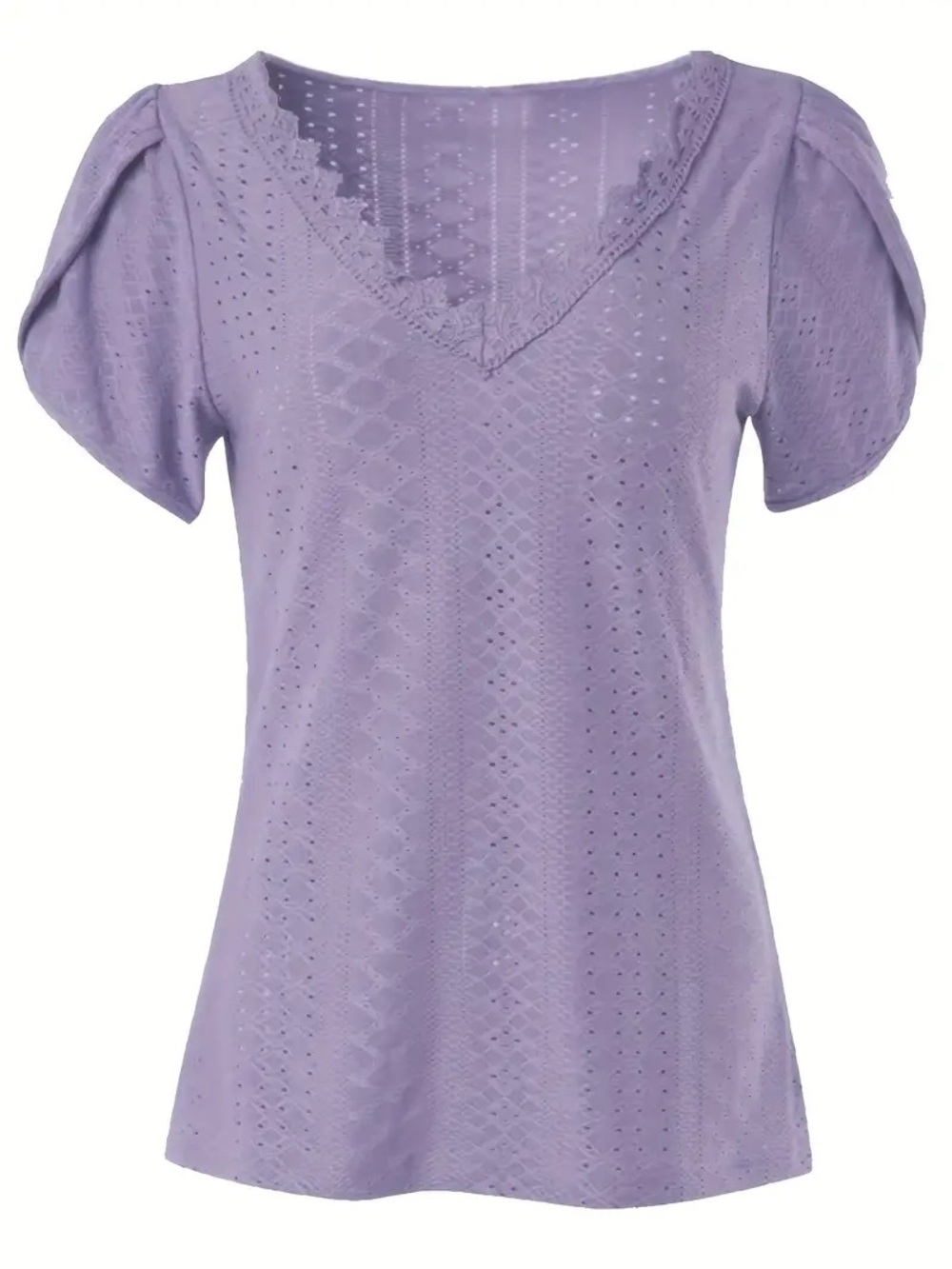 Short-sleeve V-neck top featuring vertical eyelet embroidery. Size large. New.